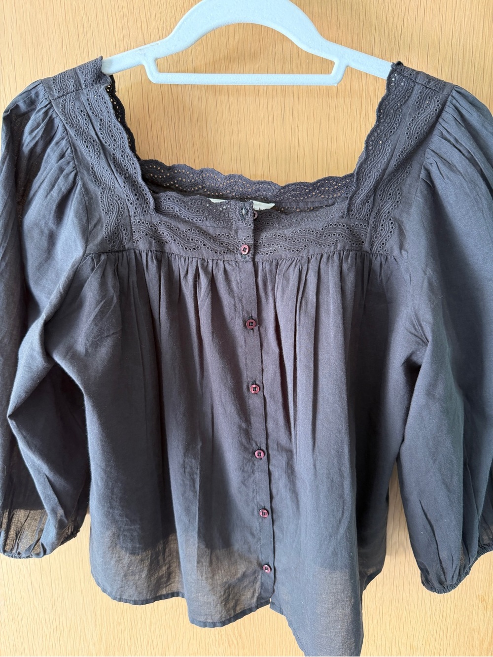 THE GREAT. Black Eyelet Square-Neck Button-Up Blouse